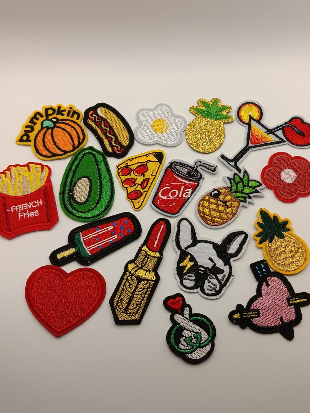 Assorted Colorful Iron On Patch Lot, Fruit & Fun Icons, Food, Dog, Pumpkin, Egg